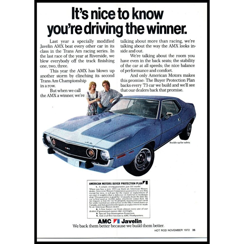 1973 AMC American Motors Javelin AMX Vintage Print Ad Muscle Car 70s Wall Art